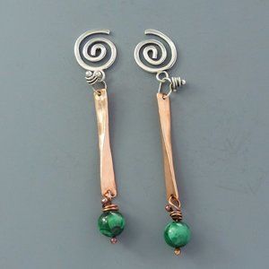 COPPER Tapers with Malachite and Sterling Silver Swirls Dangle Earrings
